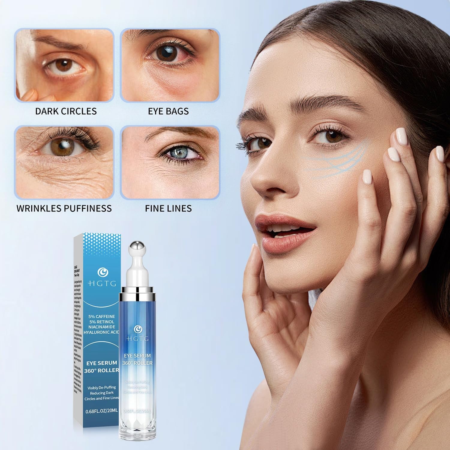 5% Caffeine Eye Cream & Retinol under Eye Cream to Reduce Dark Circles, Puffiness, Wrinkles and Fine Lines, anti Aging under Eye Bags Treatment Serum for Women & Men