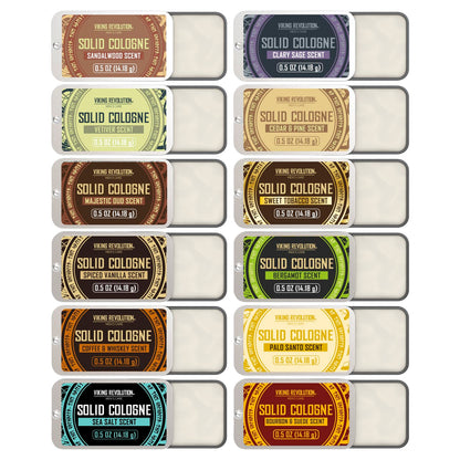 Solid Cologne 12Pk for Men - Men'S Cologne Gift Set with Sandalwood, Vetiver, Palo Santo, Coffee Whiskey, Spiced Vanilla, Bourbon Suede - Travel Size Gifts for Men (0.5 Oz Each)