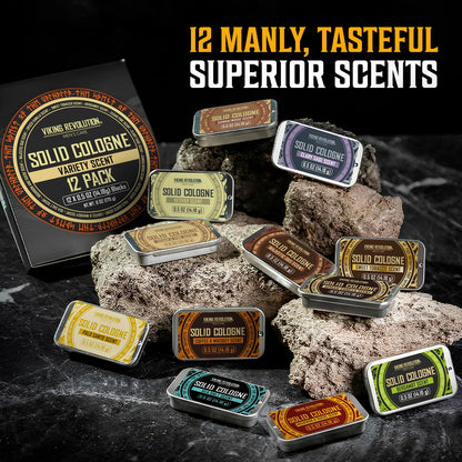 Solid Cologne 12Pk for Men - Men'S Cologne Gift Set with Sandalwood, Vetiver, Palo Santo, Coffee Whiskey, Spiced Vanilla, Bourbon Suede - Travel Size Gifts for Men (0.5 Oz Each)